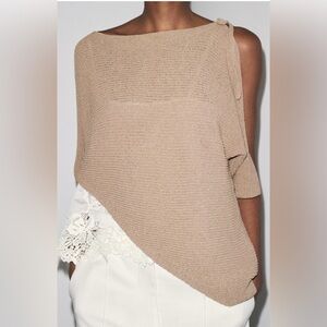 Zara Tan Asymmetric Knit Sweater With Layered Lace Tank